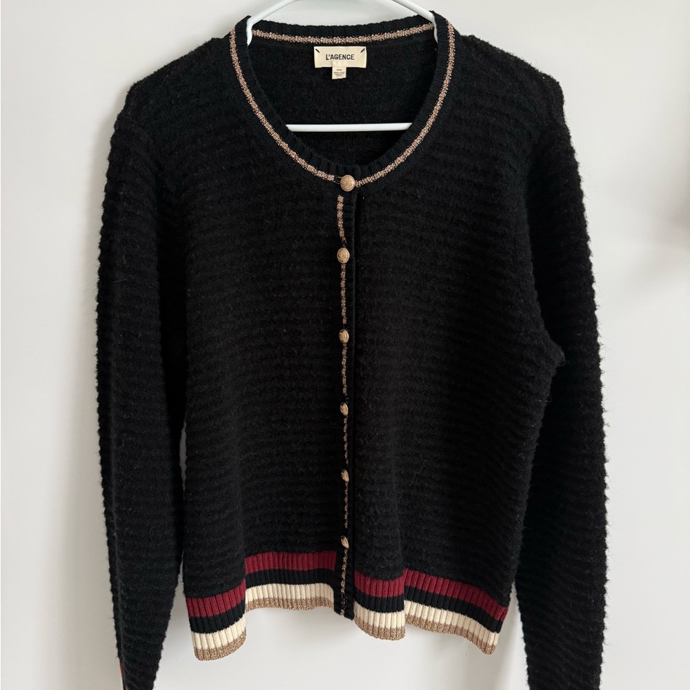 L'Agence Archer Black Wool Blend Button Cardigan, Size Medium